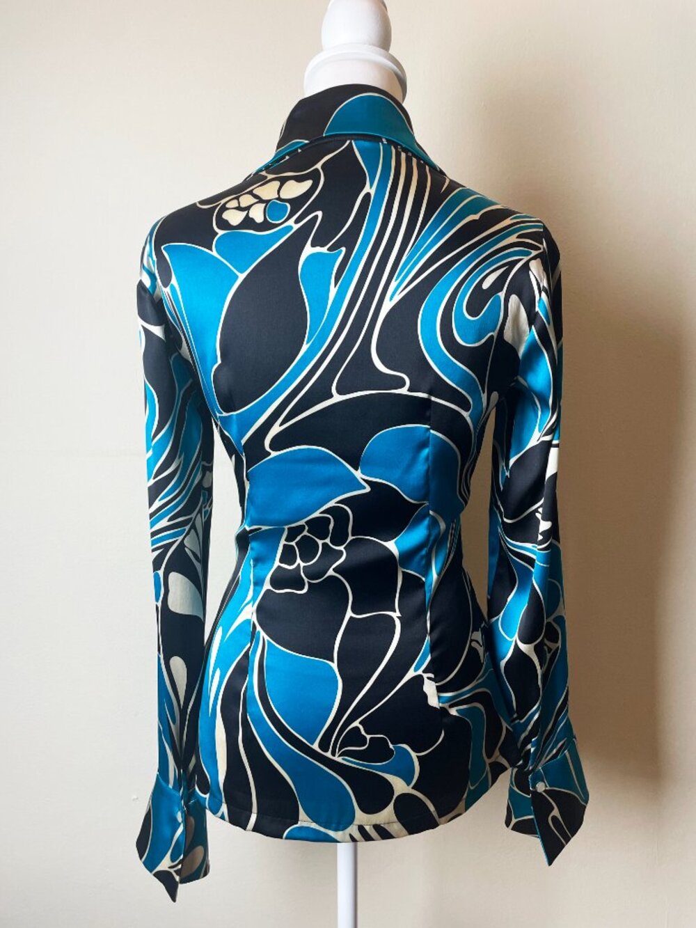 RARE 100% SILK CACHÉ Twist Front Blue Black Vintage Blouse Size Small EUC - Picture 7 of 10